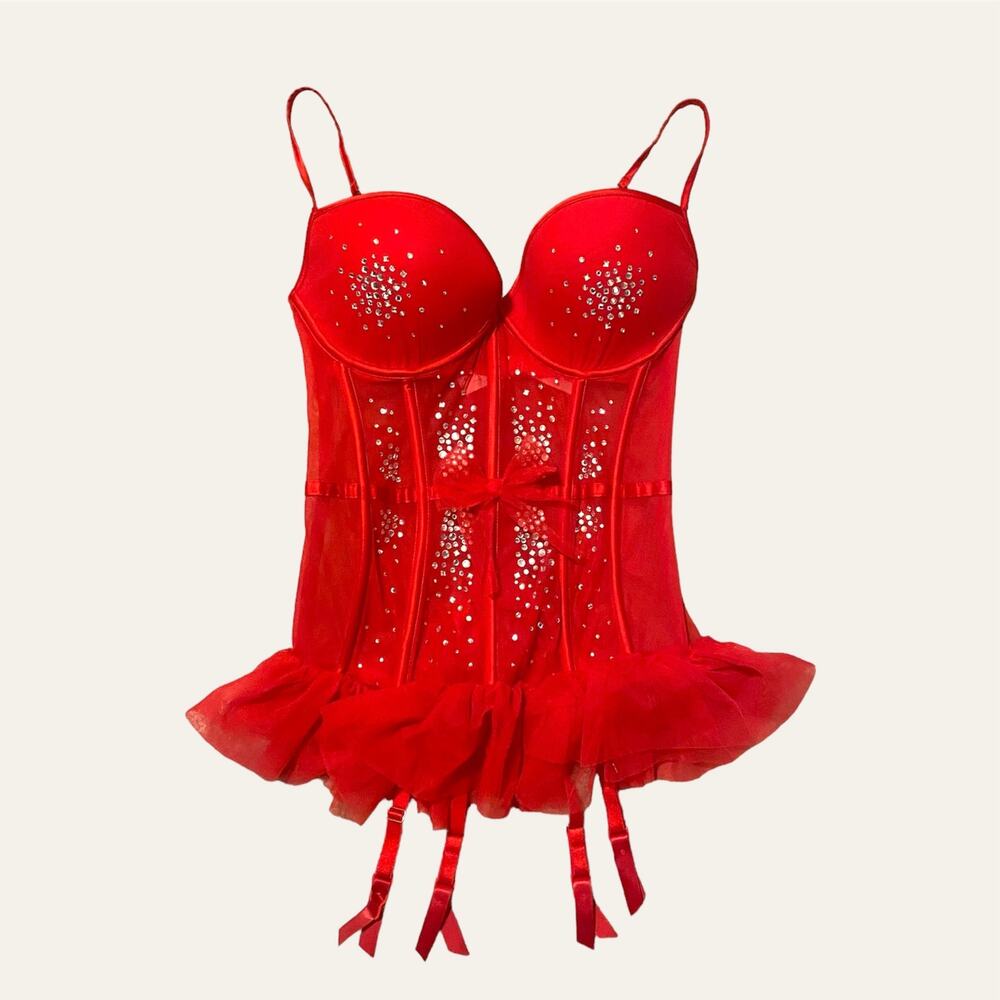 Victoria’s Secret Red and Silver Bedazzled Lingerie Teddy Rhinestone Bustier Top
